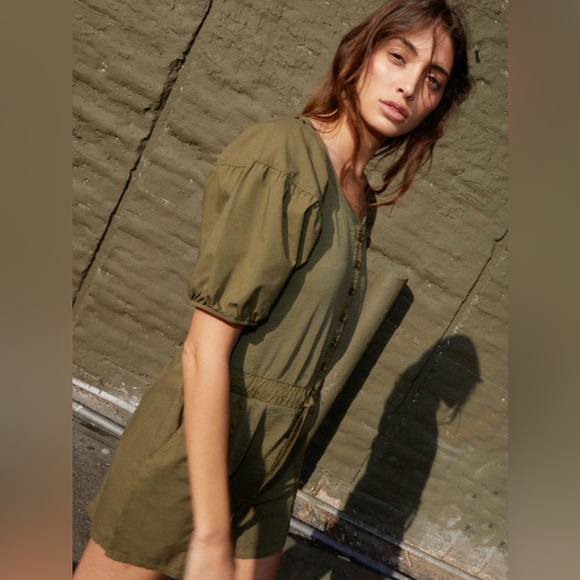 NATION LTD Garner Combo Romper - Ivy Green Size XS Cotton Puff Sleeves Neutral - Picture 6 of 16